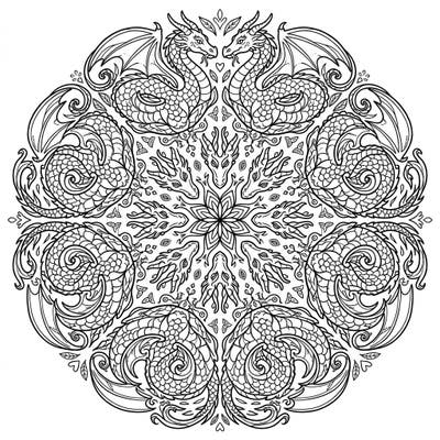 Dive into a world of myth and magic with this stunning kaleidoscope dragon coloring page designed for kids. This intricate mandala pattern features symmetrically arranged dragons, offering a fun and engaging creative challenge.