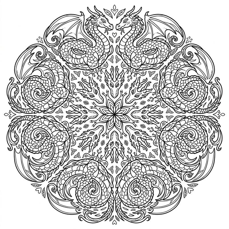 Dive into a world of myth and magic with this stunning kaleidoscope dragon coloring page designed for kids. This intricate mandala pattern features symmetrically arranged dragons, offering a fun and engaging creative challenge.