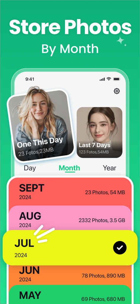 AI Phone Cleaner・Photo Swipe - Interface do aplicativo AI Phone Cleaner exibindo fotos organizadas por mês com estatísticas de armazenamento