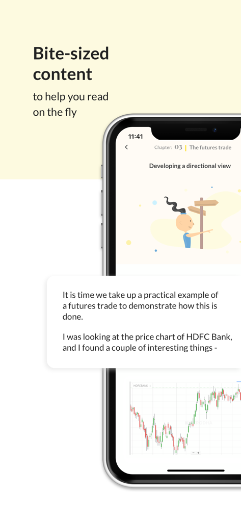 Varsity by Zerodha - Varsity by Zerodha mobile app interface showing a bite sized stock market lesson on futures trade with a price chart example