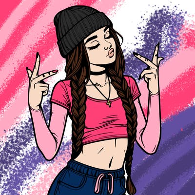 realistic teenage girl with braids and a beanie and crop top doing 🫶🏼