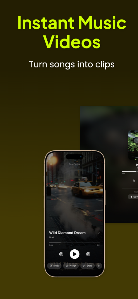 Moniq - Un smartphone mostrando la interfaz de la app Moniq para convertir canciones generadas por IA en videos musicales instantáneos.