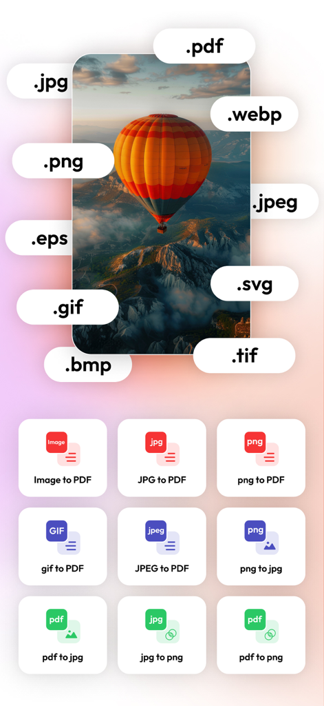 Mobile app interface displaying various image conversion options including JPG to PDF and PNG to JPG