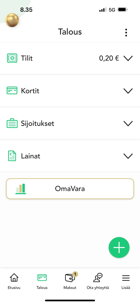 Tableau de bord de l'application bancaire OmaMobiili affichant les comptes, les cartes et les investissements