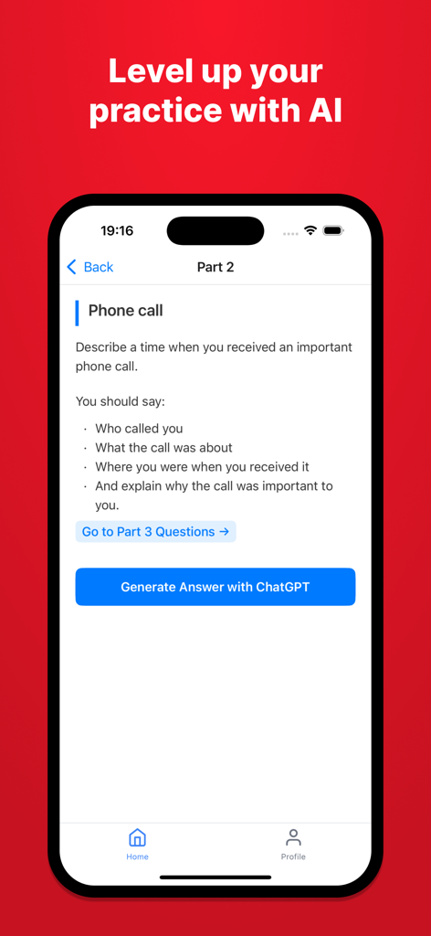 Prep IELTS: Prepare your exam - App interface showing a Part 2 IELTS speaking prompt about a phone call with an AI answer generation button