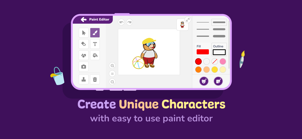 PictoBlox Junior Blocks - PictoBlox Junior Blocks Paint-Editor-Oberfläche mit Werkzeugen zur Charakteranpassung
