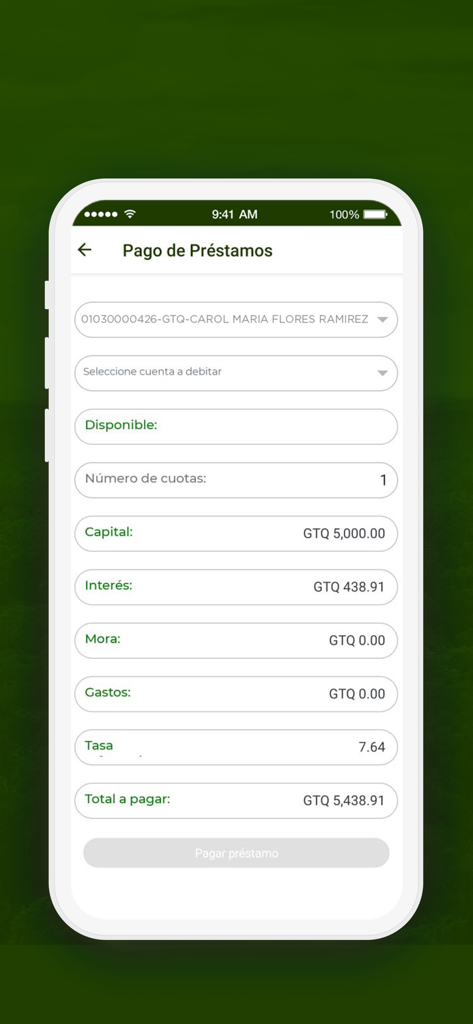 Banco INV APP - GTQ 계산 세부 정보를 보여주는 대출 상환을 위한 Banco INV 모바일 앱 화면.
