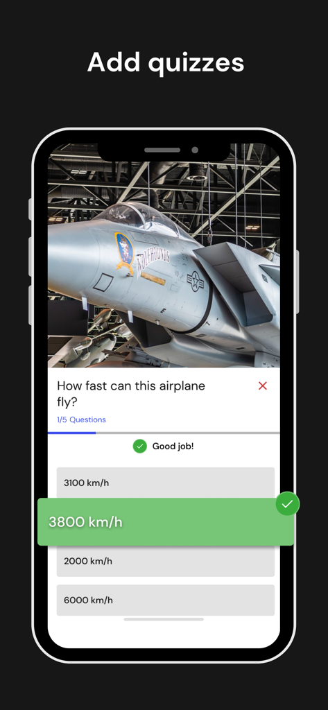 Smartphone screen showing an interactive quiz about a fighter jet within the Wintor AR Tours app