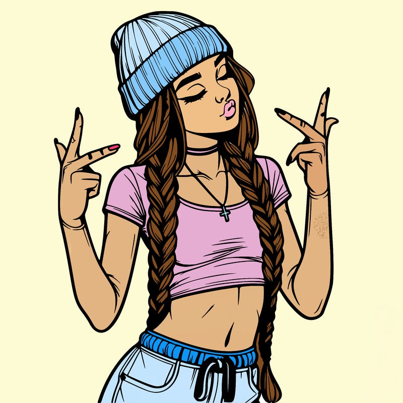 realistic teenage girl with braids and a beanie and crop top doing 🫶🏼