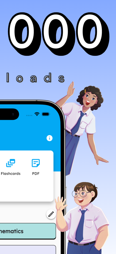 A smartphone displaying JomStudy app flashcards and PDF features next to illustrated students