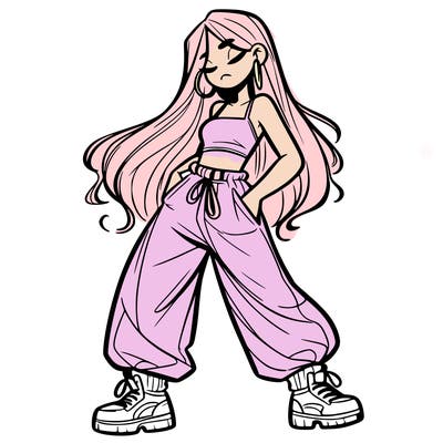 girl in baggy pants crop top and long hair