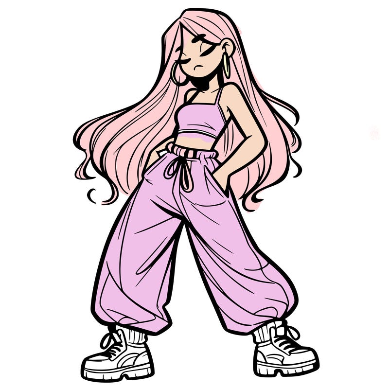 girl in baggy pants crop top and long hair