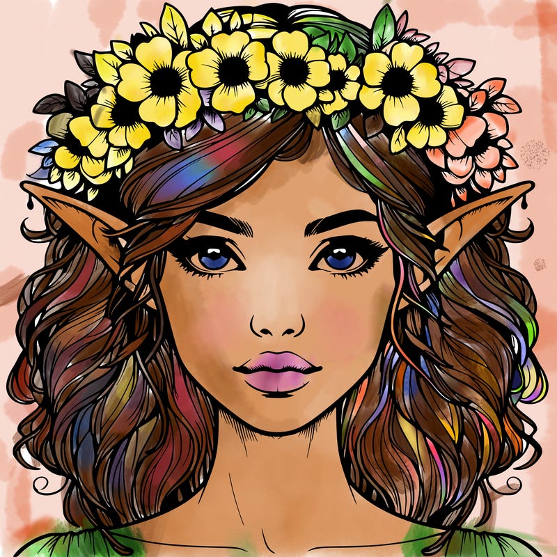 realistic female elf with flower crown
