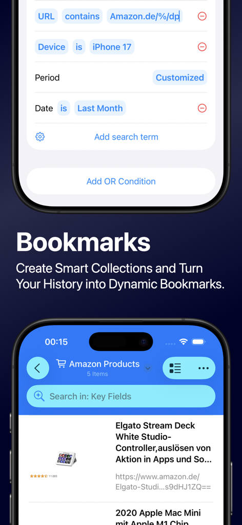 Surfed Pro Browser & Bookmark - Surfed Pro app interface showing dynamic bookmark collections and smart history search filters