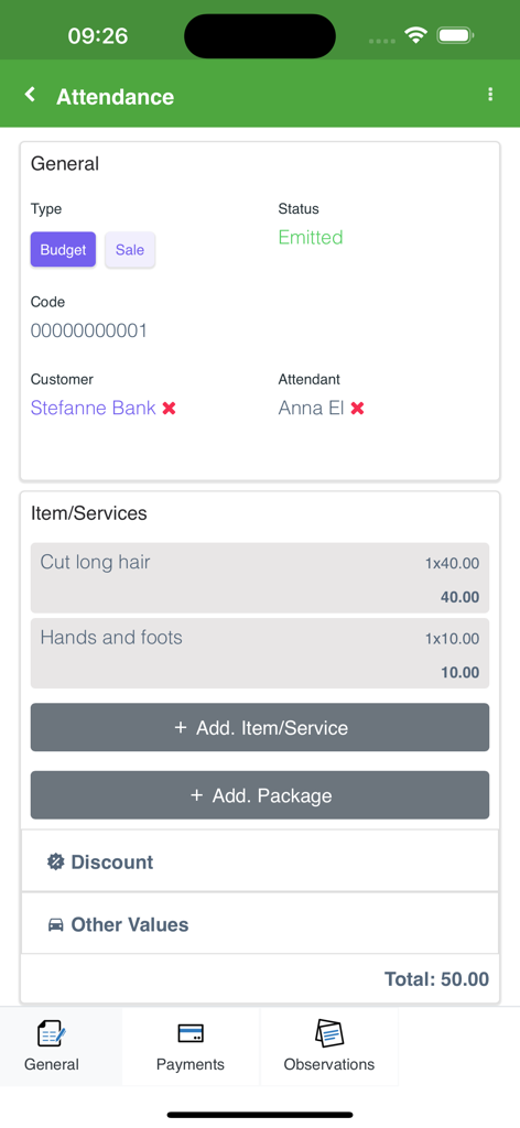 Interface de aplicativo móvel mostrando um registro de serviço de salão com nome do cliente, nome do atendente, itens de serviço como corte de cabelo e cuidados com as unhas, e preço total.