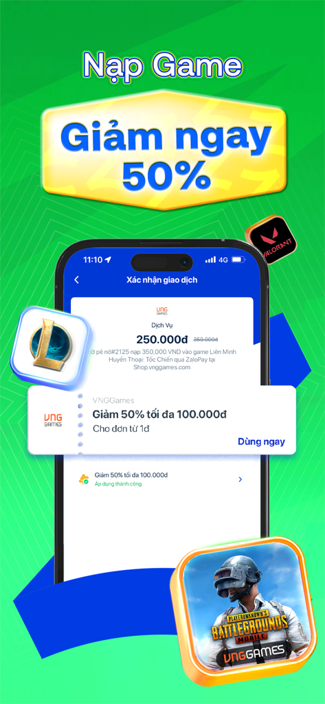PUBGとValorantのゲームチャージ50%割引を表示したZalopayアプリのスクリーンショット