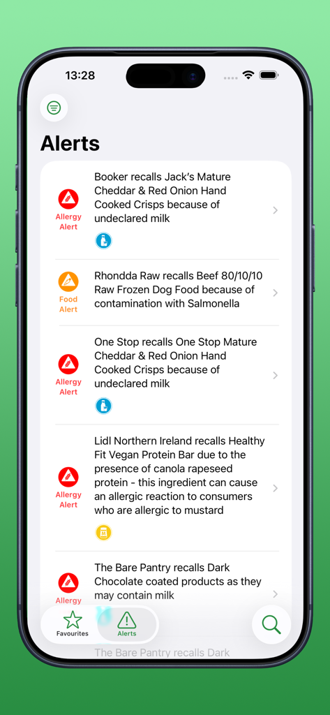 UK Food Hygiene Ratings - A mobile app interface displaying a list of food allergy and safety recall alerts.