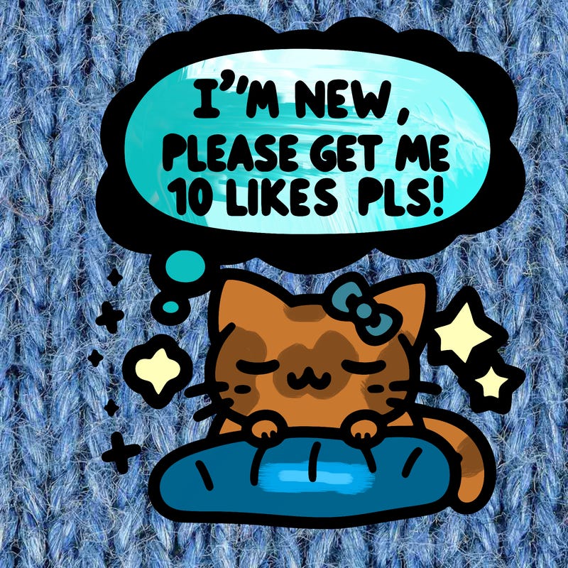 kitty taking a nap dream talking and saying "i'm new, please get me at least 10 likes pls!!"