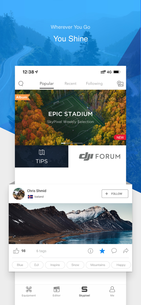 DJI GO 4 app interface showing the SkyPixel community feed with high-quality aerial photography and user posts.