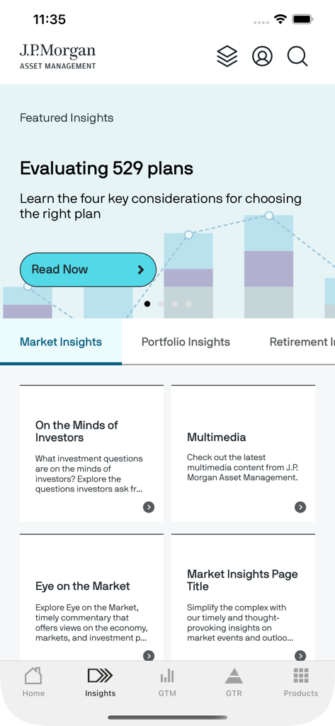 Insights by J.P. Morgan - Home screen of the Insights by J.P. Morgan app showing featured market insights and investment research categories