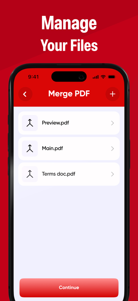 PDF Converter & Scan Editor - Una pantalla de smartphone que muestra la función Fusionar PDF de la aplicación PDF Converter con una lista de documentos listos para ser combinados.