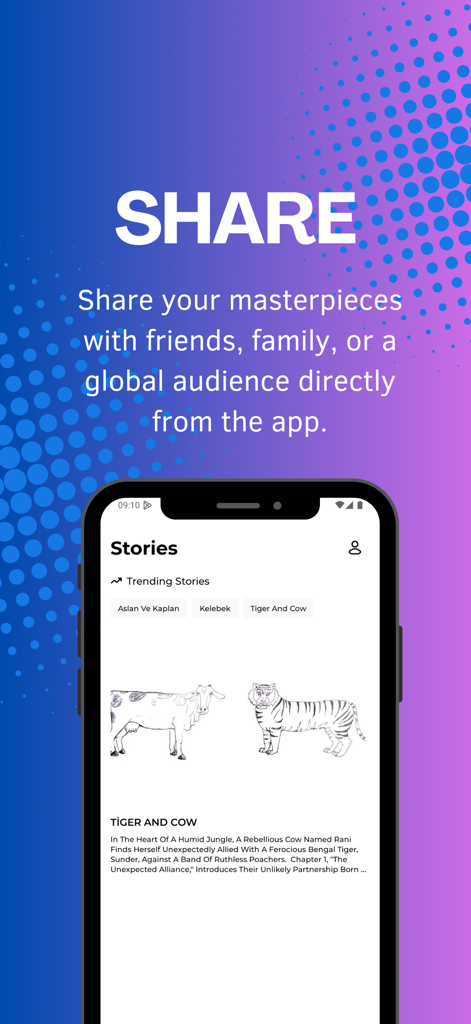StoryVerse - AI Text To Story - Captura de pantalla de la aplicación StoryVerse que muestra la función para compartir historias con una lista de historias generadas por IA populares como Tiger and Cow