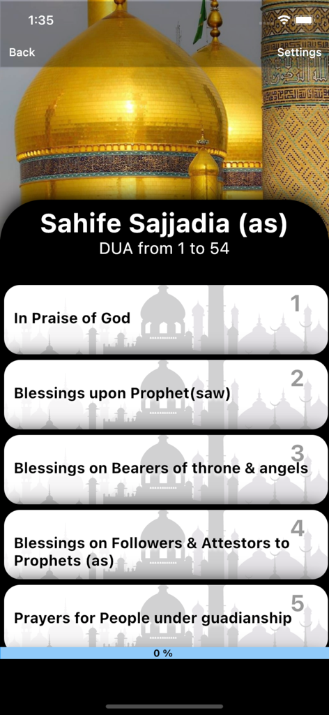 Ascension (Islamic App) - Shia - Ascension Islamic App screen showing the Sahife Sajjadia menu with a list of prayers and golden mosque domes in the background.