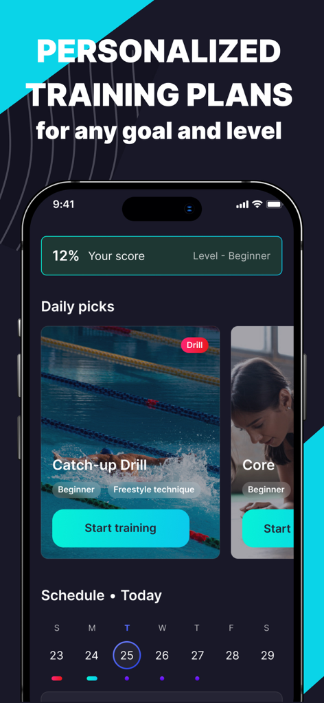 Swim Training & Workouts - Mobile App-Oberfläche, die personalisierte Schwimmtrainingspläne, tägliche Workout-Auswahlen und einen Fortschrittstracker für Anfänger Schwimmer zeigt.