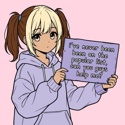 a cute anime girl with a sign saying  i’ve never been on the popular list, can you guys help me?