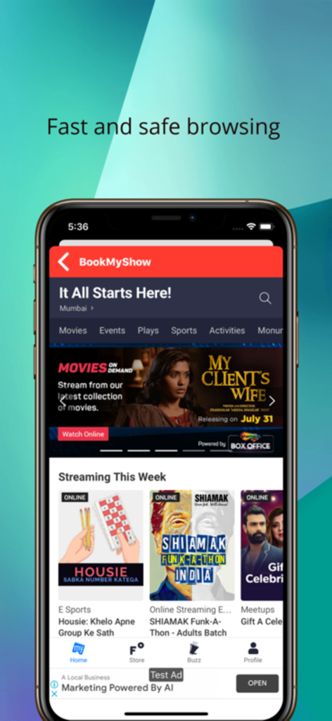 Online Ticket Booking Lite - BookMyShowの映画およびイベント予約インターフェースを示すスマートフォン画面