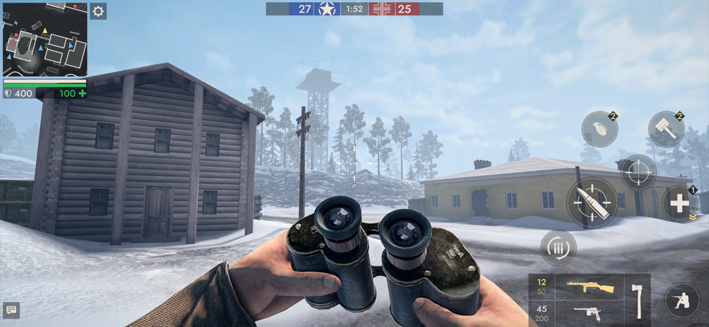 First person view of a soldier holding binoculars in a snowy WWII setting