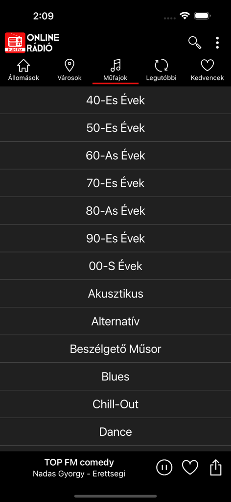 Online Rádió - Lista de gêneros de música e talk shows húngaros no aplicativo Rádio Online