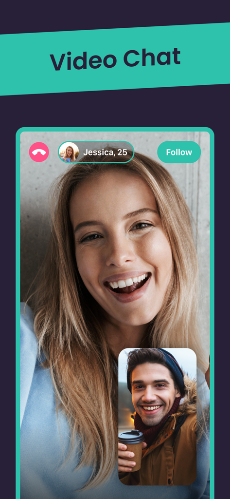 Livejoy - Livejoy mobile app video chat interface showing a man and woman connecting online