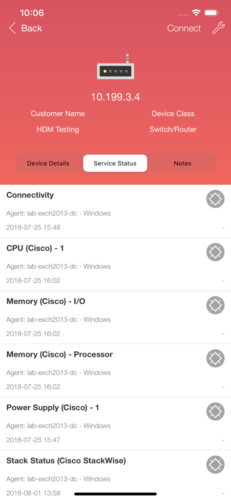 A screen in the N-central Mobile app showing the real-time service status and monitoring details for a network router