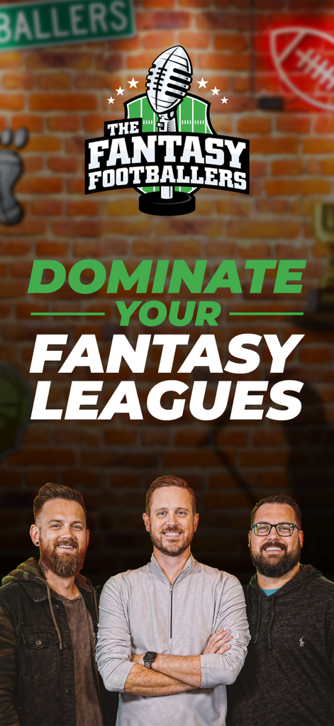 Fantasy Footballers - The Fantasy Footballers app hosts and logo with the slogan Dominate Your Fantasy Leagues