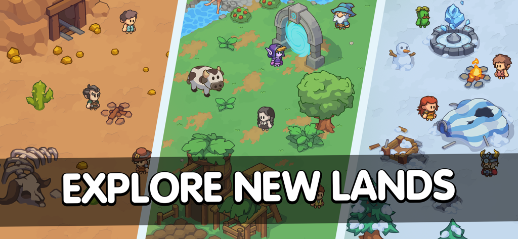 Stone Age Survival: Craft game - Un collage de tres biomas de juego diferentes que muestran entornos desérticos, forestales y nevados en Supervivencia en la Edad de Piedra.