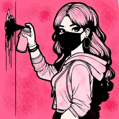 realistic girl with mask spray painting a wall