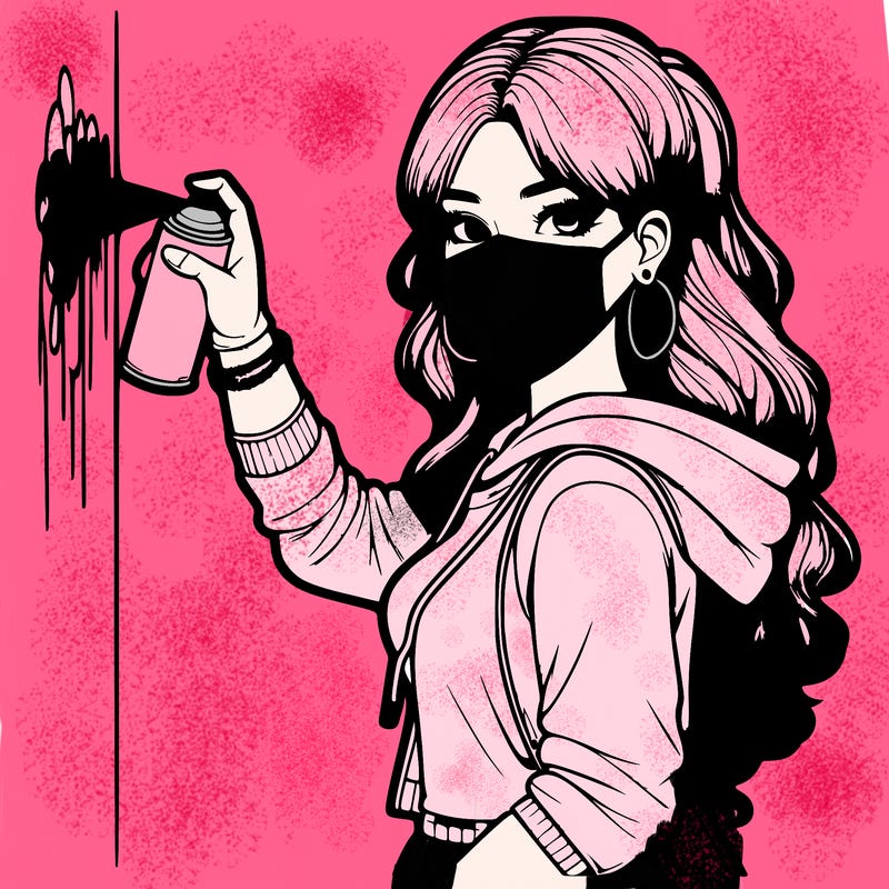 realistic girl with mask spray painting a wall