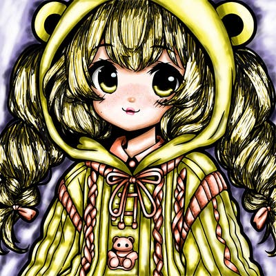 anime girl with pigtails with bear hoodie and sweater