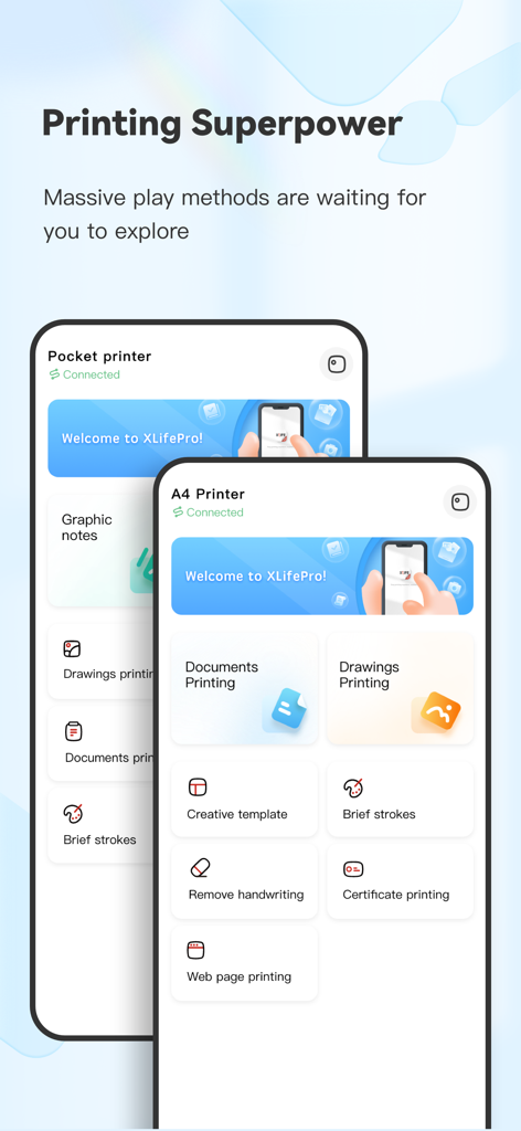XLife Pro - XLife Pro mobile App-Oberfläche mit Optionen zum Drucken von Dokumenten, Zeichnungen und Vorlagen für tragbare Thermodrucker.