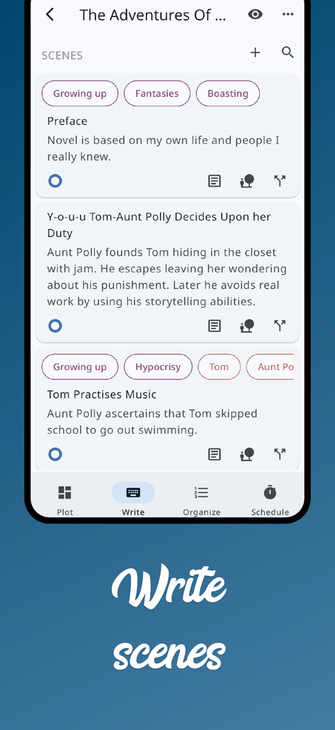 Novelist app interface for writing and organizing story scenes with tags