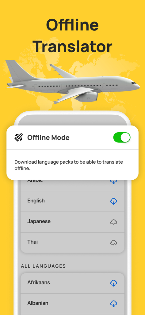 Oberfläche der AR Translator App im Offline-Modus mit Optionen zum Herunterladen von Sprachpaketen