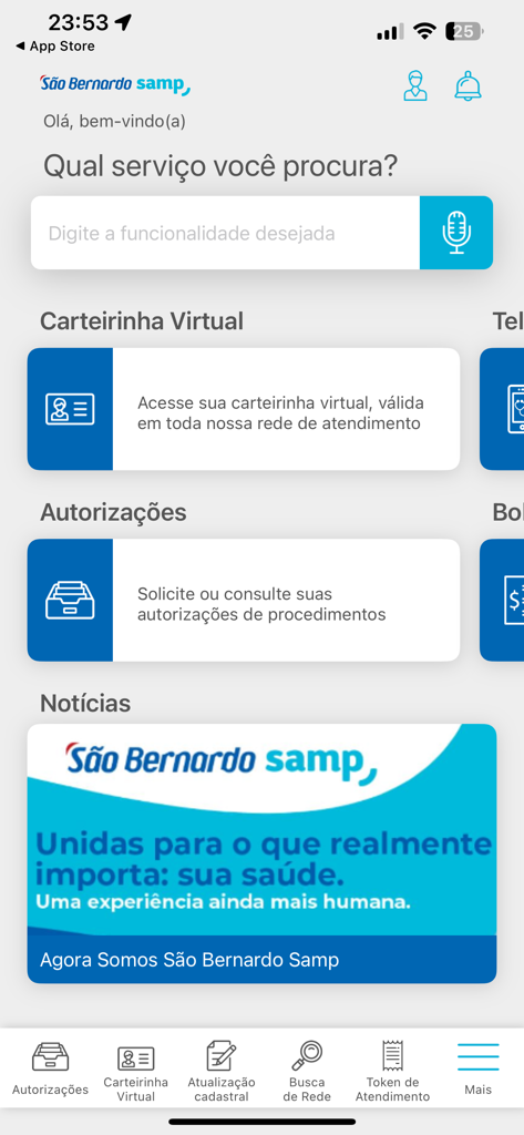 São Bernardo Samp - Dashboard of the Sao Bernardo Samp healthcare app showing options for virtual card and medical authorizations