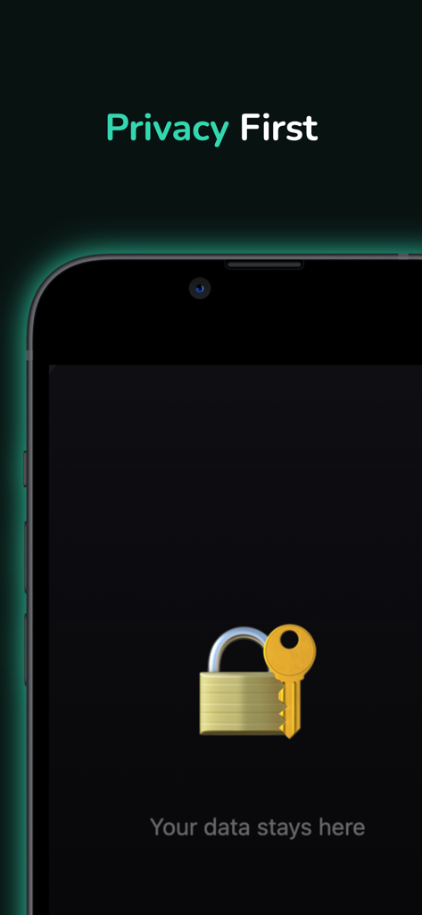 Screenshot of the Lumina app emphasizing user privacy with a lock icon and text stating that data stays on the device