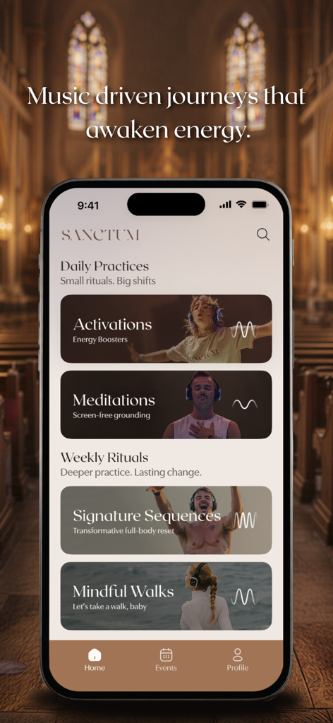 SANCTUM: Mind-Body Workout - SANCTUM app interface showing music-driven journeys, daily rituals, and mind-body workout categories