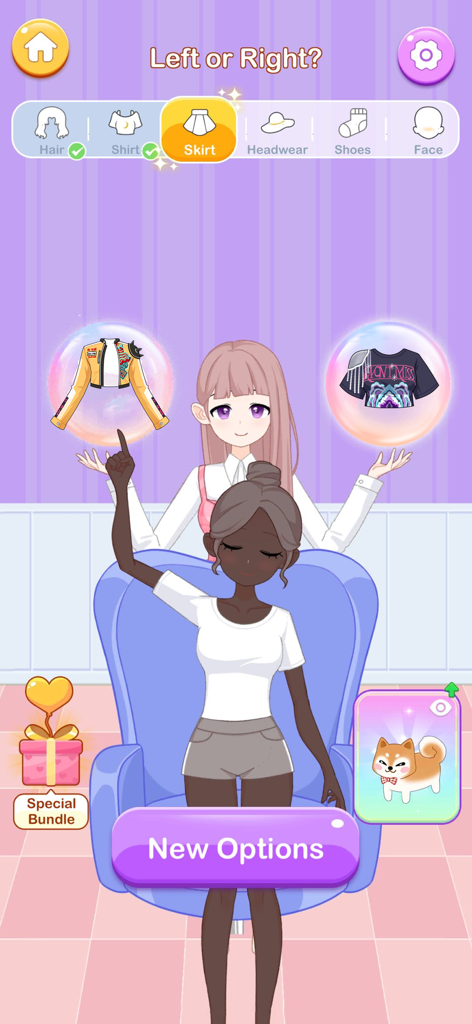 Which Dress? Left or Right - A gameplay screenshot of Which Dress Left or Right showing an avatar choosing between two clothing options in a dress up game interface