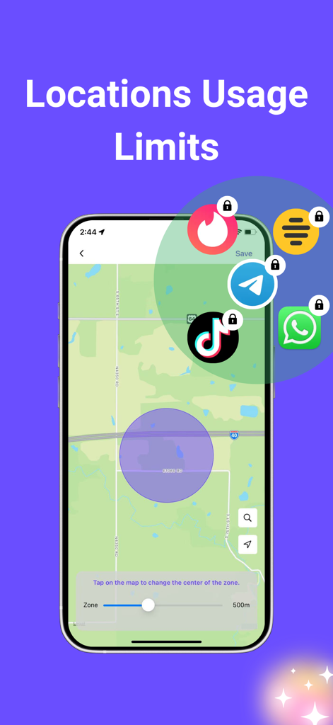 App Lock & Block App - Lockkit - Lockkit app geofencing feature showing a map to set location-based app usage limits.