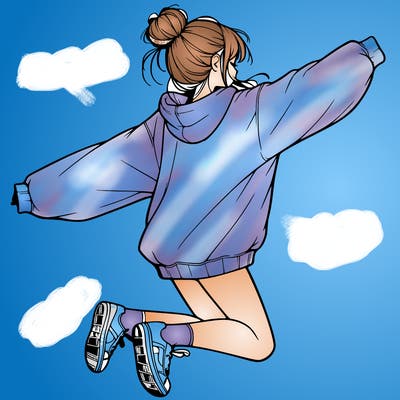 realistic girl jumping with a bun and oversized sweatshirt