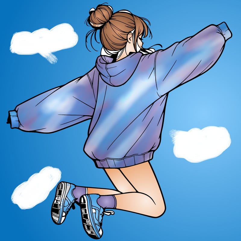 realistic girl jumping with a bun and oversized sweatshirt