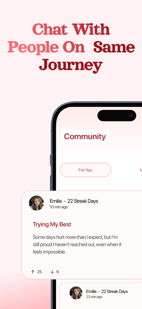 Refeel – Get Over Your Ex - Interface de chat da comunidade no aplicativo Refeel mostrando uma postagem de usuário sobre o progresso de sua sequência de não contato